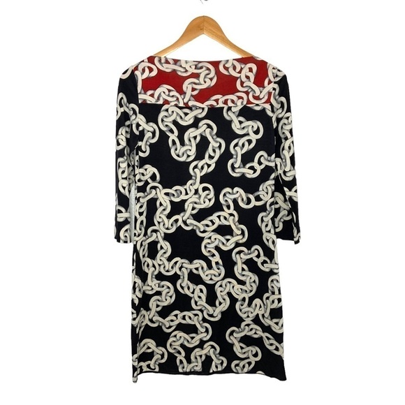 Diane Von Furstenberg Ruri Chain Print Silk Dress Size 4 Black Red 3/4 Sleeve - Picture 3 of 10